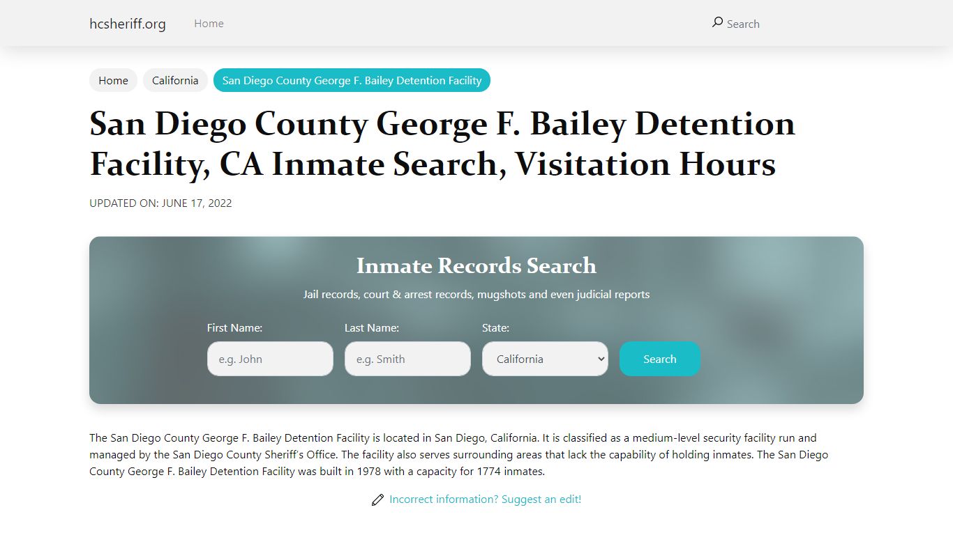 San Diego County George F. Bailey Detention Facility, CA ...